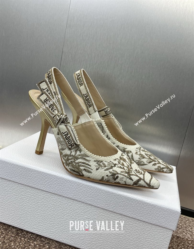 Dior JAdior Slingback Pumps 9.5cm in White and Gold-Tone Millefiori Jacquard 2025 0220 (JC-250220062)