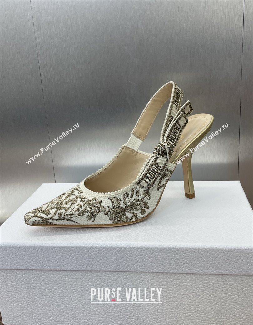 Dior JAdior Slingback Pumps 9.5cm in White and Gold-Tone Millefiori Jacquard 2025 0220 (JC-250220062)