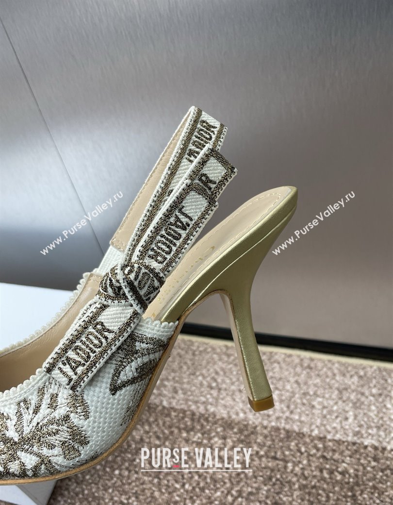 Dior JAdior Slingback Pumps 9.5cm in White and Gold-Tone Millefiori Jacquard 2025 0220 (JC-250220062)