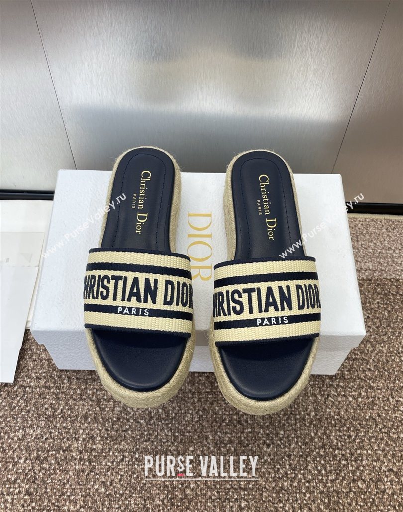 Dior Dway Platform Slides Sandal 4cm in Raffia Straw and Embroidered Cotton Beige/Blue 2025 (JC-250605017)