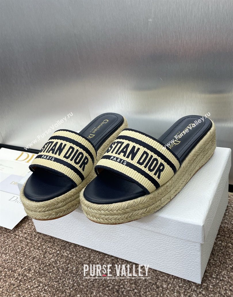Dior Dway Platform Slides Sandal 4cm in Raffia Straw and Embroidered Cotton Beige/Blue 2025 (JC-250605017)