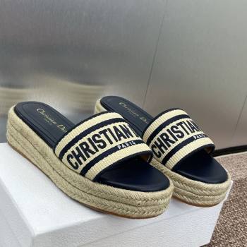 Dior Dway Platform Slides Sandal 4cm in Raffia Straw and Embroidered Cotton Beige/Blue 2025 (JC-250605017)