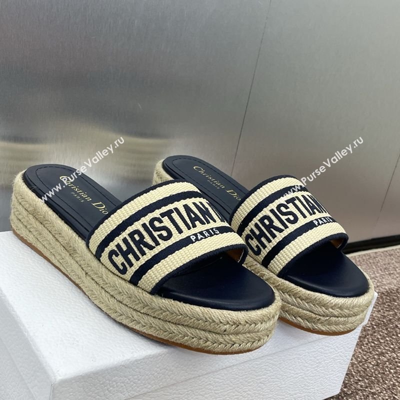 Dior Dway Platform Slides Sandal 4cm in Raffia Straw and Embroidered Cotton Beige/Blue 2025 (JC-250605017)