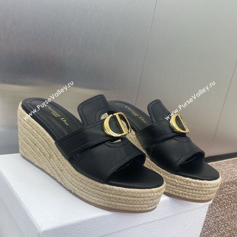 Dior 30 Montaigne Wedge Slides Sandal 7cm in Calfskin Leather Black 2025 (JC-250605028)