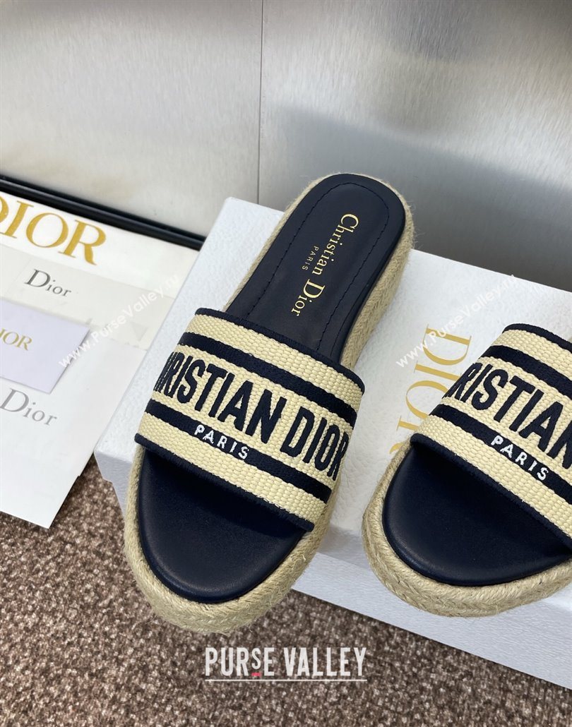 Dior Dway Platform Slides Sandal 4cm in Raffia Straw and Embroidered Cotton Beige/Blue 2025 (JC-250605017)