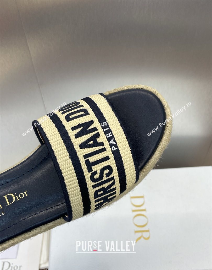Dior Dway Platform Slides Sandal 4cm in Raffia Straw and Embroidered Cotton Beige/Blue 2025 (JC-250605017)