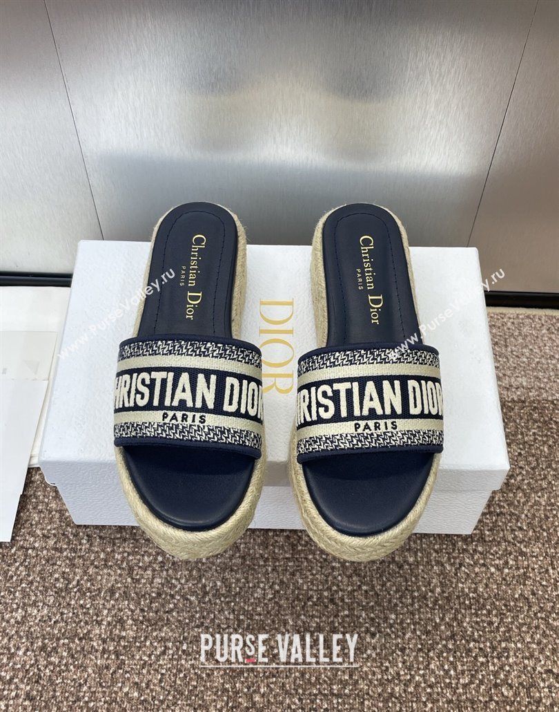 Dior Dway Platform Slides Sandal 4cm in Embroidered Cotton Deep Blue 2025 (JC-250605016)