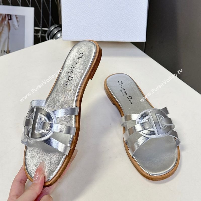 Dior D-Club Flat Slides Sandal in Calfskin Leather Silver 2025 (MD-250605049)