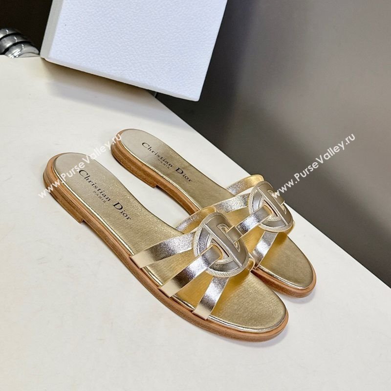 Dior D-Club Flat Slides Sandal in Calfskin Leather Gold 2025 (MD-250605050)