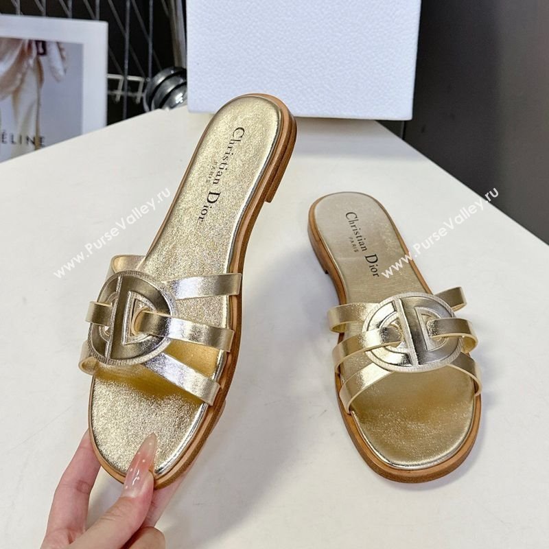 Dior D-Club Flat Slides Sandal in Calfskin Leather Gold 2025 (MD-250605050)