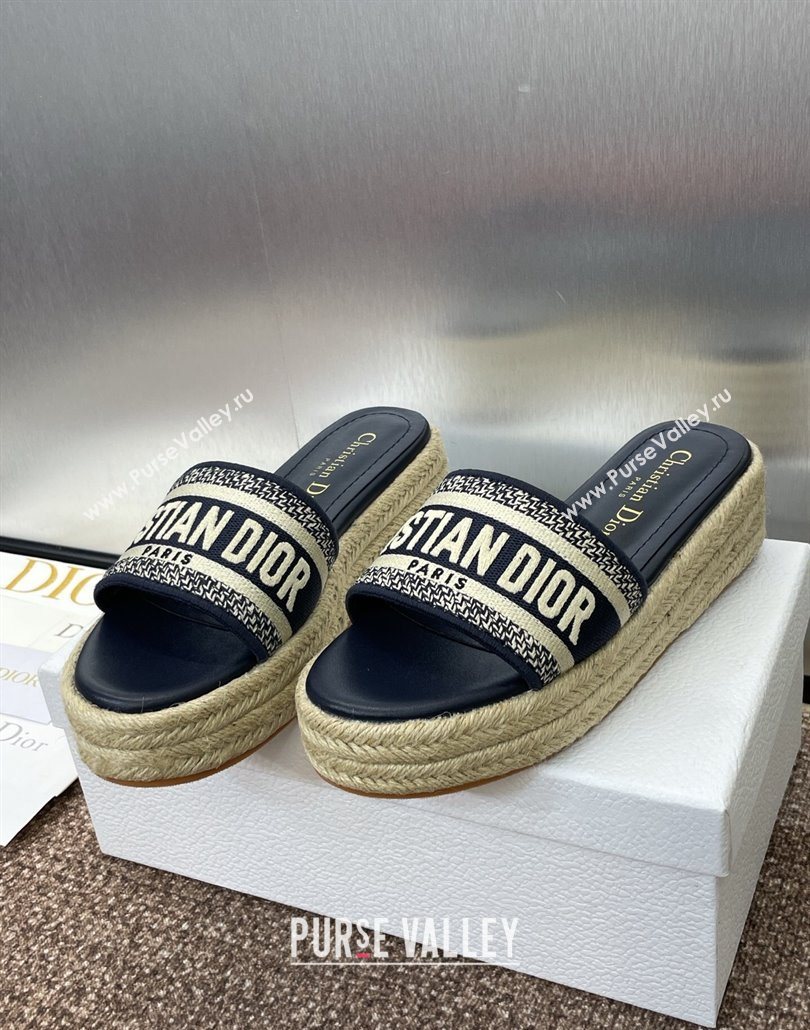 Dior Dway Platform Slides Sandal 4cm in Embroidered Cotton Deep Blue 2025 (JC-250605016)