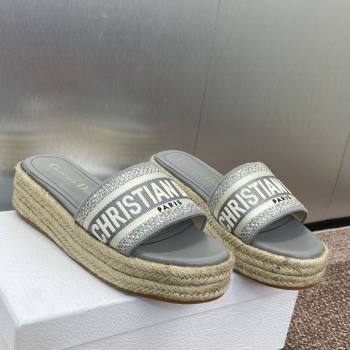 Dior Dway Platform Slides Sandal 4cm in Embroidered Cotton Grey 2025 (JC-250605019)