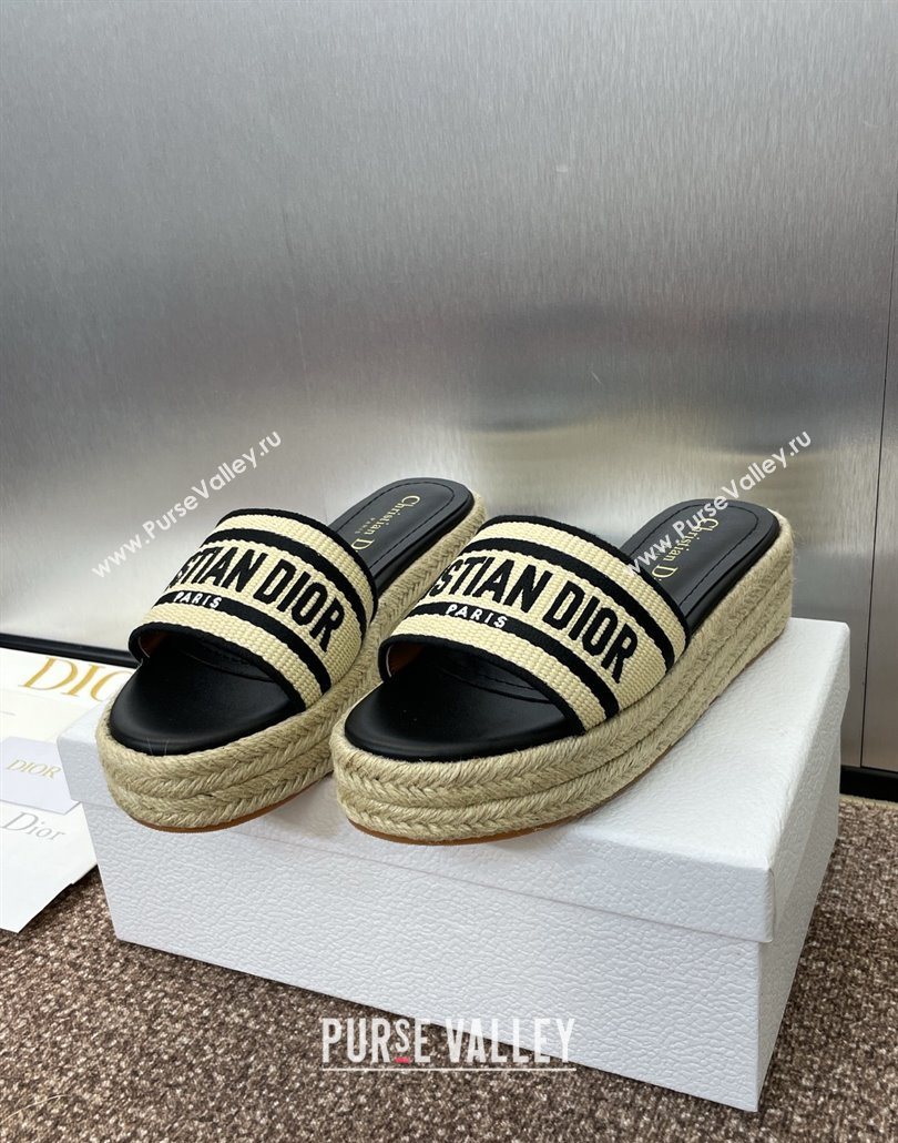Dior Dway Platform Slides Sandal 4cm in Raffia Straw and Embroidered Cotton Beige/Black 2025 (JC-250605020)