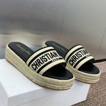 Dior Dway Platform Slides Sandal 4cm in Raffia Straw and Embroidered Cotton Beige/Black 2025 (JC-250605020)