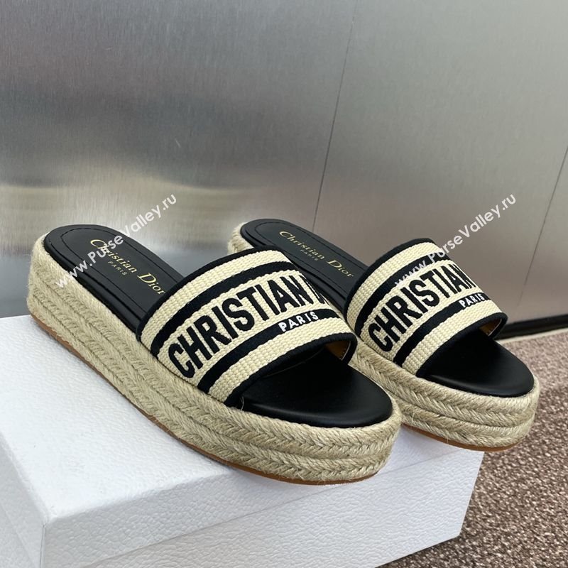 Dior Dway Platform Slides Sandal 4cm in Raffia Straw and Embroidered Cotton Beige/Black 2025 (JC-250605020)
