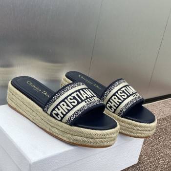Dior Dway Platform Slides Sandal 4cm in Embroidered Cotton Deep Blue 2025 (JC-250605016)