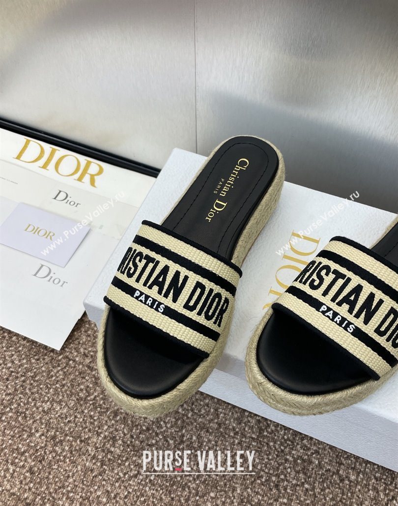 Dior Dway Platform Slides Sandal 4cm in Raffia Straw and Embroidered Cotton Beige/Black 2025 (JC-250605020)