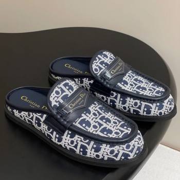 Dior Boy Flat Mules in Cotton Embroidered with Dior Oblique Motif and Calfskin Panels Navy Blue 2025 (MD-250605045)