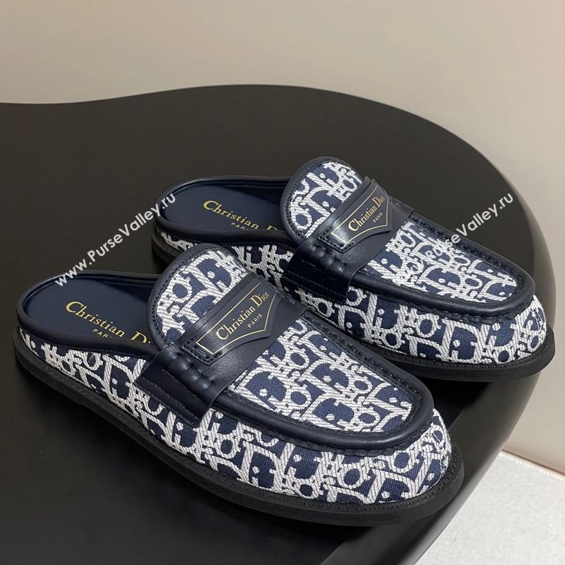 Dior Boy Flat Mules in Cotton Embroidered with Dior Oblique Motif and Calfskin Panels Navy Blue 2025 (MD-250605045)