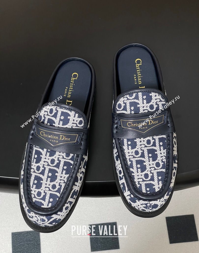 Dior Boy Flat Mules in Cotton Embroidered with Dior Oblique Motif and Calfskin Panels Navy Blue 2025 (MD-250605045)