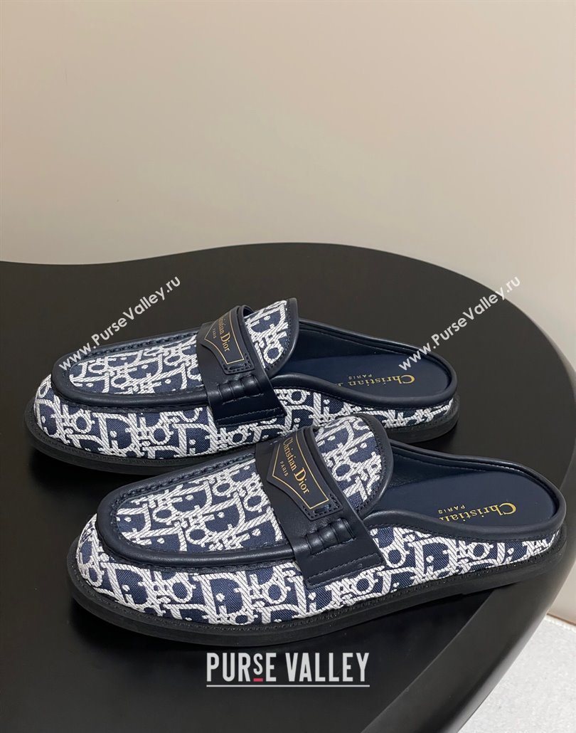 Dior Boy Flat Mules in Cotton Embroidered with Dior Oblique Motif and Calfskin Panels Navy Blue 2025 (MD-250605045)