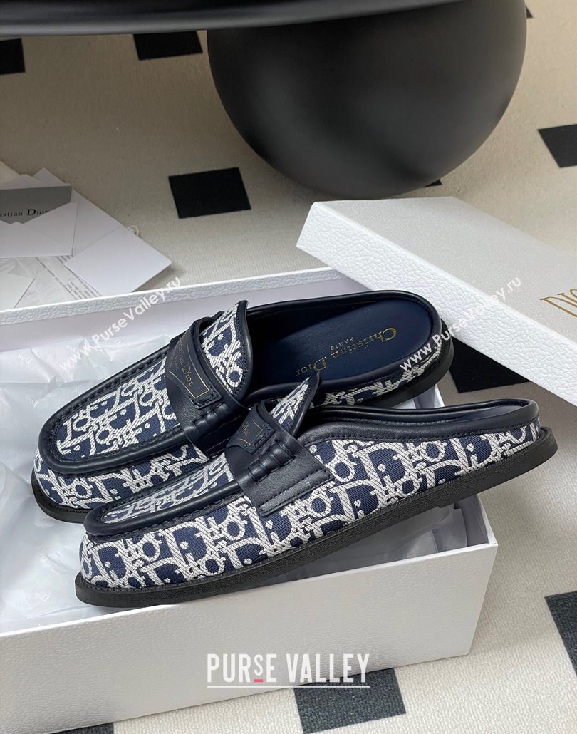 Dior Boy Flat Mules in Cotton Embroidered with Dior Oblique Motif and Calfskin Panels Navy Blue 2025 (MD-250605045)