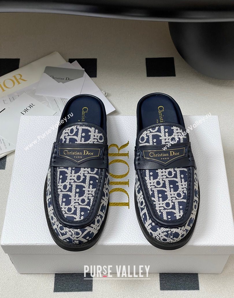 Dior Boy Flat Mules in Cotton Embroidered with Dior Oblique Motif and Calfskin Panels Navy Blue 2025 (MD-250605045)