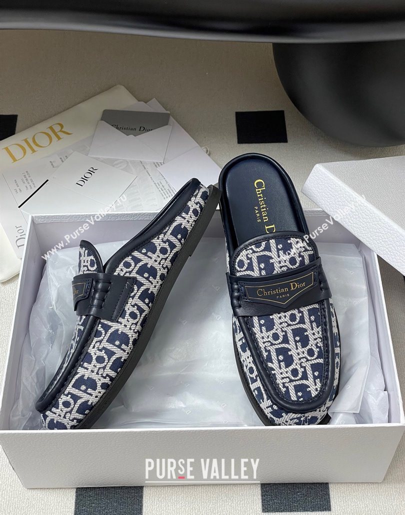 Dior Boy Flat Mules in Cotton Embroidered with Dior Oblique Motif and Calfskin Panels Navy Blue 2025 (MD-250605045)