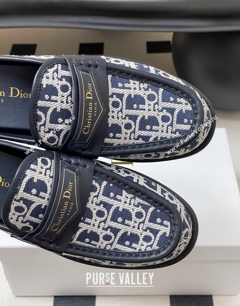 Dior Boy Flat Mules in Cotton Embroidered with Dior Oblique Motif and Calfskin Panels Navy Blue 2025 (MD-250605045)
