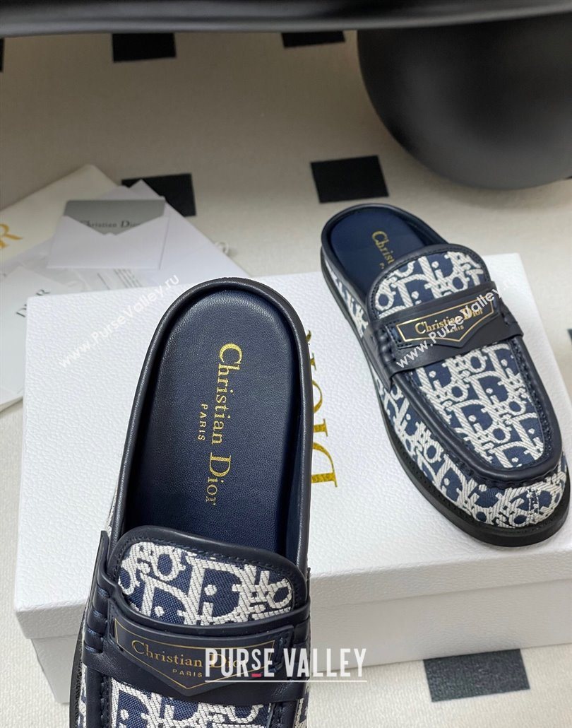 Dior Boy Flat Mules in Cotton Embroidered with Dior Oblique Motif and Calfskin Panels Navy Blue 2025 (MD-250605045)