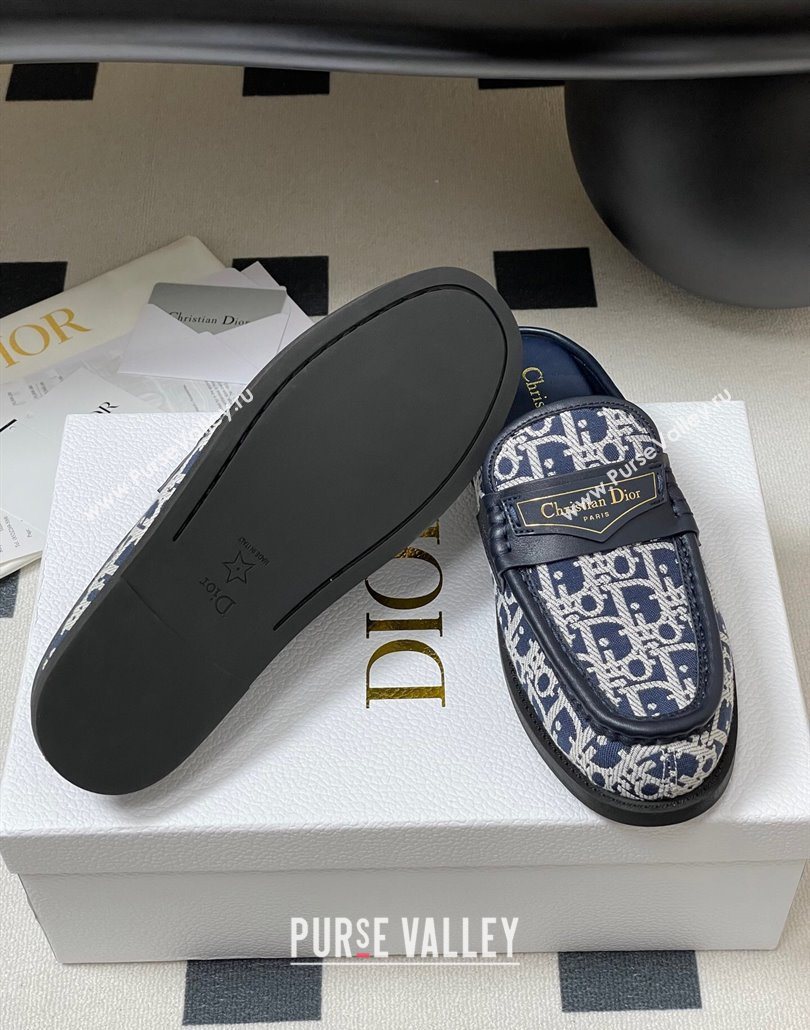 Dior Boy Flat Mules in Cotton Embroidered with Dior Oblique Motif and Calfskin Panels Navy Blue 2025 (MD-250605045)