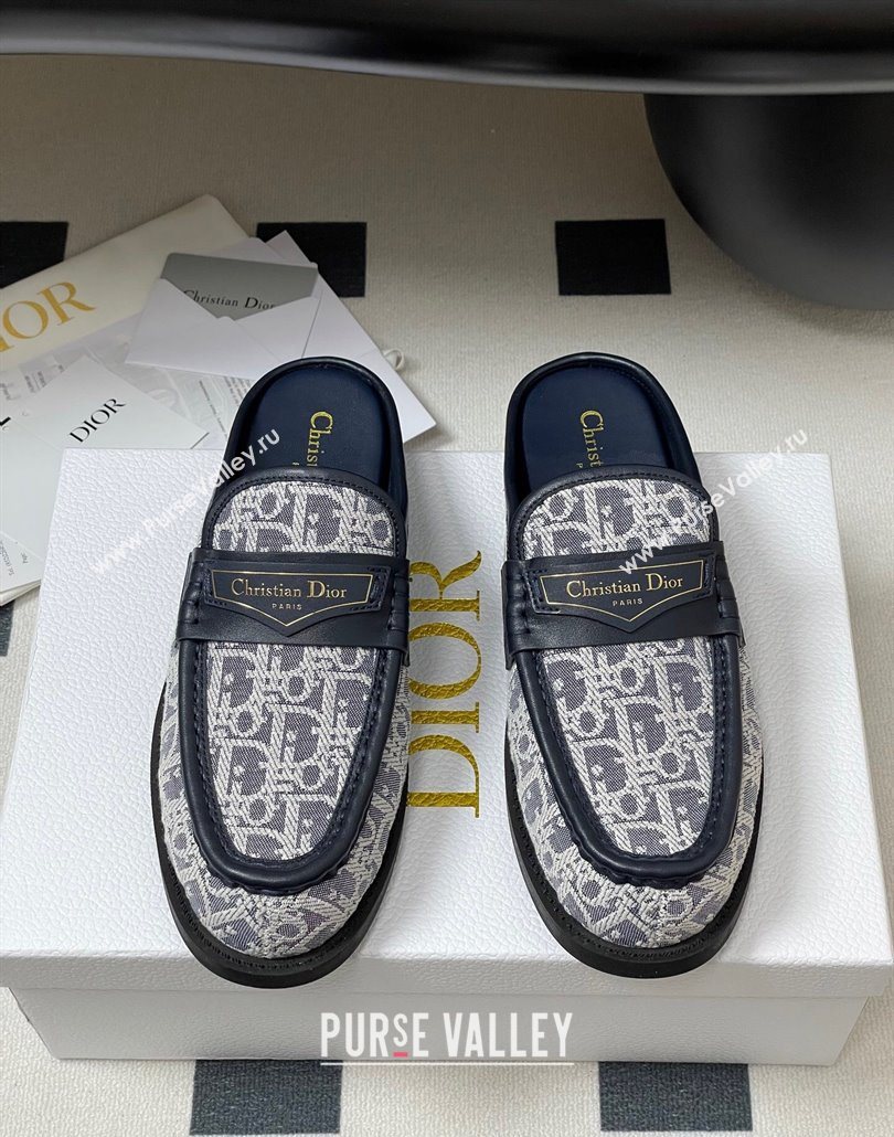 Dior Boy Flat Mules in Cotton Embroidered with Dior Oblique Motif and Calfskin Panels Grey 2025 (MD-250605046)