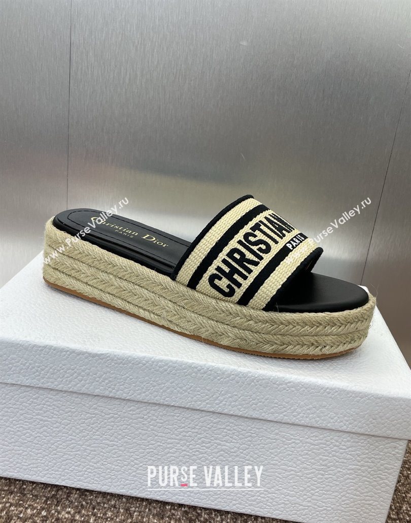 Dior Dway Platform Slides Sandal 4cm in Raffia Straw and Embroidered Cotton Beige/Black 2025 (JC-250605020)