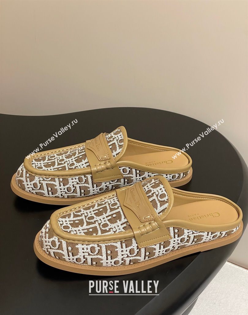 Dior Boy Flat Mules in Cotton Embroidered with Dior Oblique Motif and Calfskin Panels Brown 2025 (MD-250605047)