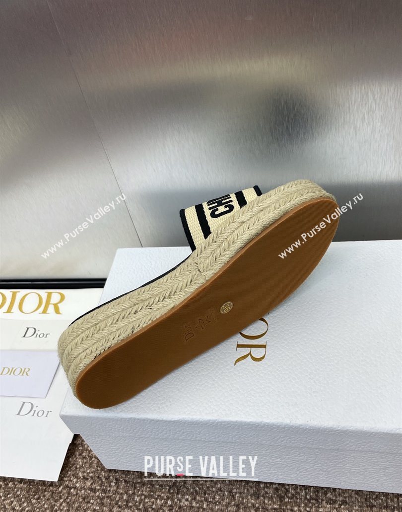 Dior Dway Platform Slides Sandal 4cm in Raffia Straw and Embroidered Cotton Beige/Black 2025 (JC-250605020)