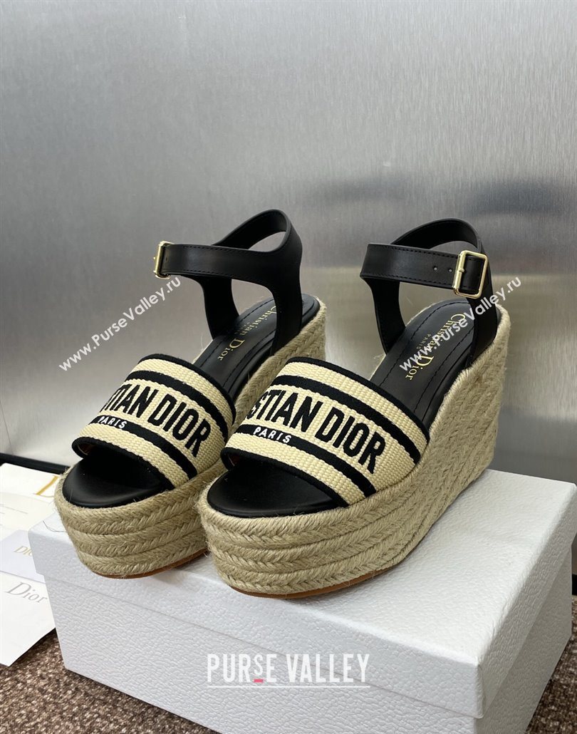 Dior Dway Wedge Sandals 10cm in Calfskin, Raffia Straw and Embroidered Cotton Beige/Black 2025 (JC-250605021)