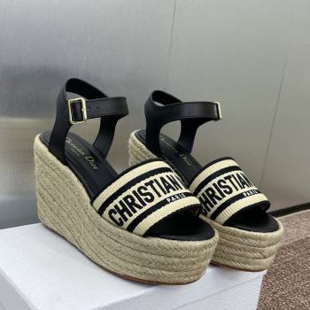 Dior Dway Wedge Sandals 10cm in Calfskin, Raffia Straw and Embroidered Cotton Beige/Black 2025 (JC-250605021)