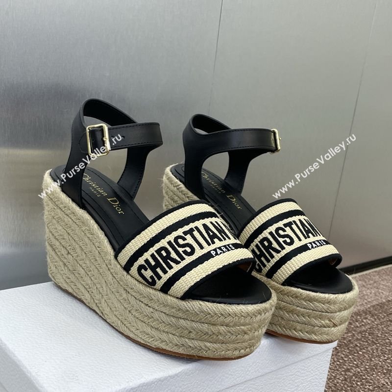 Dior Dway Wedge Sandals 10cm in Calfskin, Raffia Straw and Embroidered Cotton Beige/Black 2025 (JC-250605021)