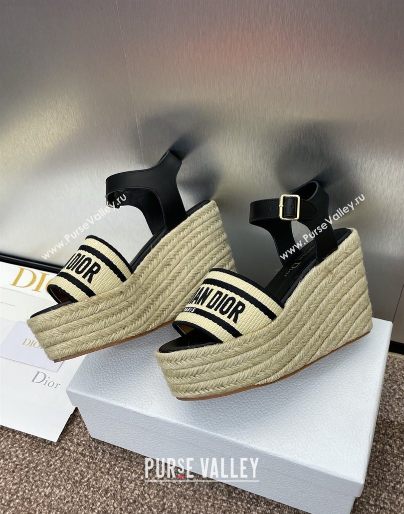 Dior Dway Wedge Sandals 10cm in Calfskin, Raffia Straw and Embroidered Cotton Beige/Black 2025 (JC-250605021)