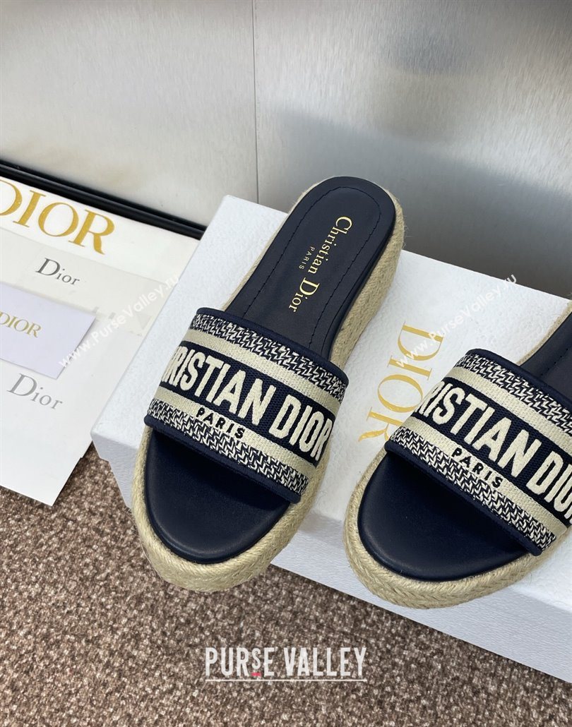 Dior Dway Platform Slides Sandal 4cm in Embroidered Cotton Deep Blue 2025 (JC-250605016)