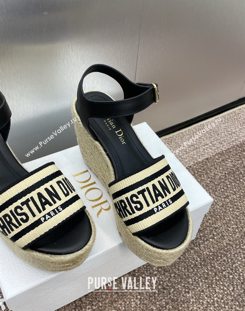 Dior Dway Wedge Sandals 10cm in Calfskin, Raffia Straw and Embroidered Cotton Beige/Black 2025 (JC-250605021)