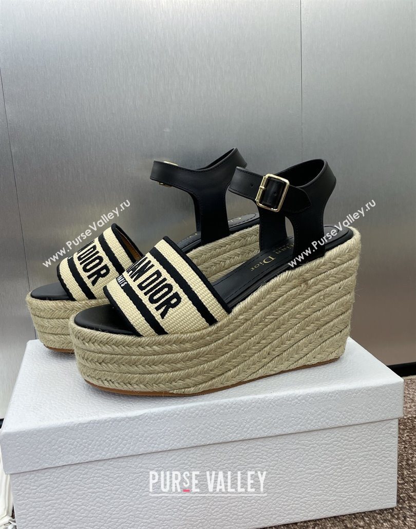 Dior Dway Wedge Sandals 10cm in Calfskin, Raffia Straw and Embroidered Cotton Beige/Black 2025 (JC-250605021)