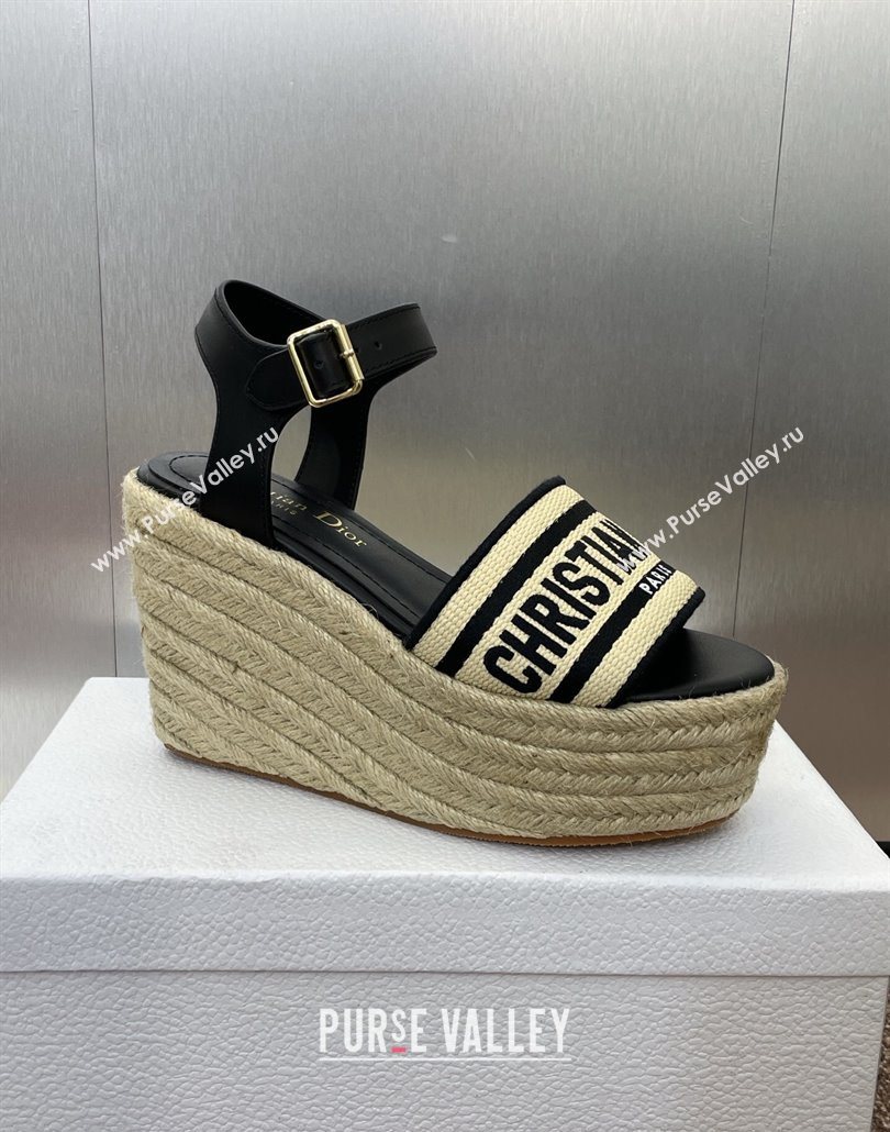 Dior Dway Wedge Sandals 10cm in Calfskin, Raffia Straw and Embroidered Cotton Beige/Black 2025 (JC-250605021)