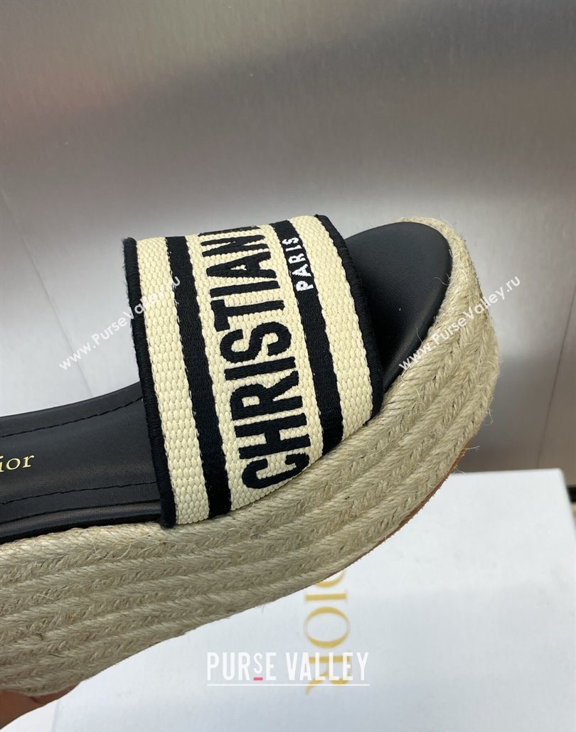 Dior Dway Wedge Sandals 10cm in Calfskin, Raffia Straw and Embroidered Cotton Beige/Black 2025 (JC-250605021)