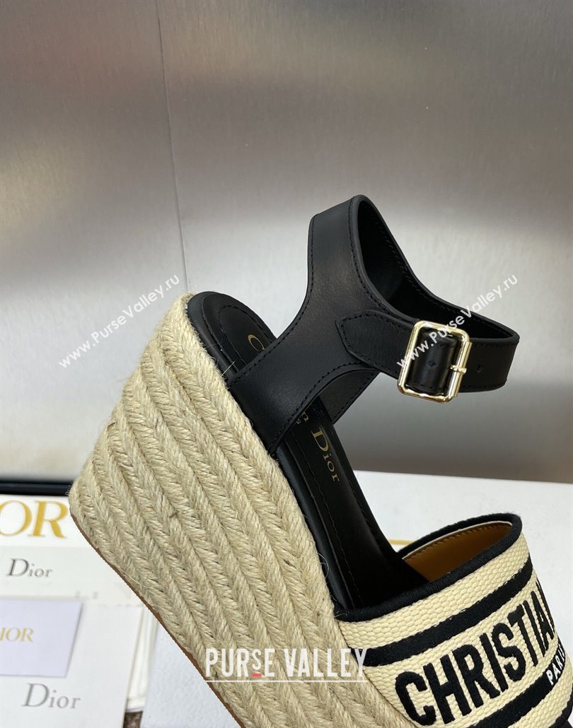 Dior Dway Wedge Sandals 10cm in Calfskin, Raffia Straw and Embroidered Cotton Beige/Black 2025 (JC-250605021)