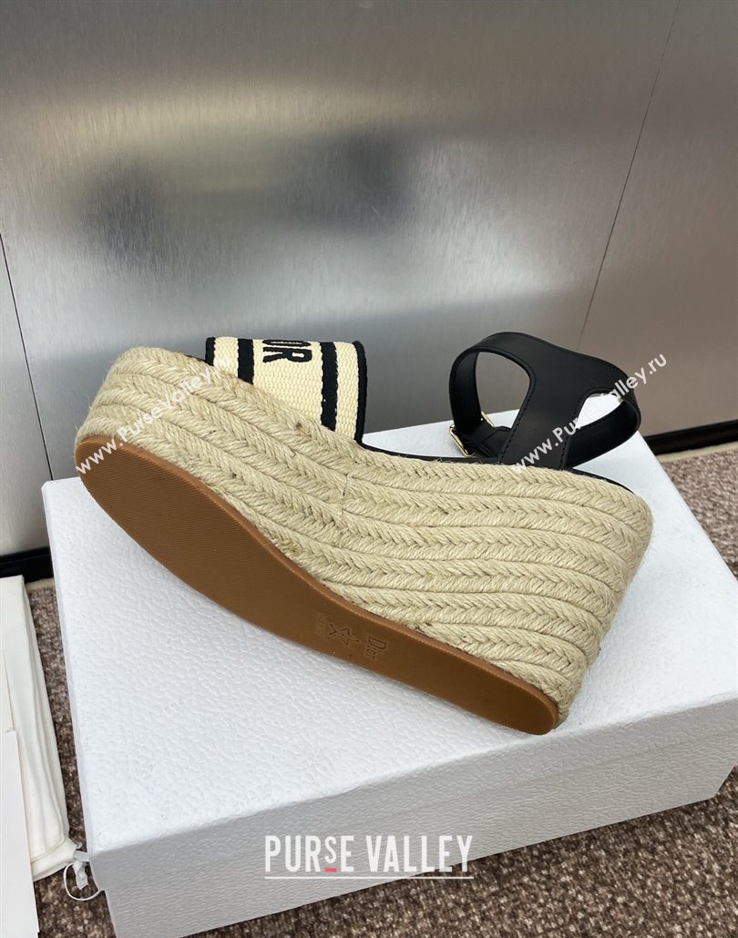 Dior Dway Wedge Sandals 10cm in Calfskin, Raffia Straw and Embroidered Cotton Beige/Black 2025 (JC-250605021)