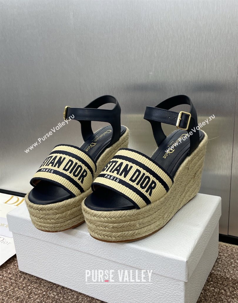 Dior Dway Wedge Sandals 10cm in Calfskin, Raffia Straw and Embroidered Cotton Beige/Blue 2025 (JC-250605022)