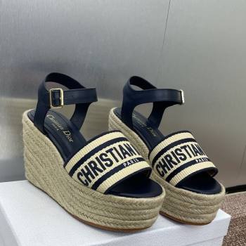 Dior Dway Wedge Sandals 10cm in Calfskin, Raffia Straw and Embroidered Cotton Beige/Blue 2025 (JC-250605022)
