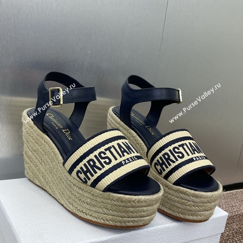 Dior Dway Wedge Sandals 10cm in Calfskin, Raffia Straw and Embroidered Cotton Beige/Blue 2025 (JC-250605022)