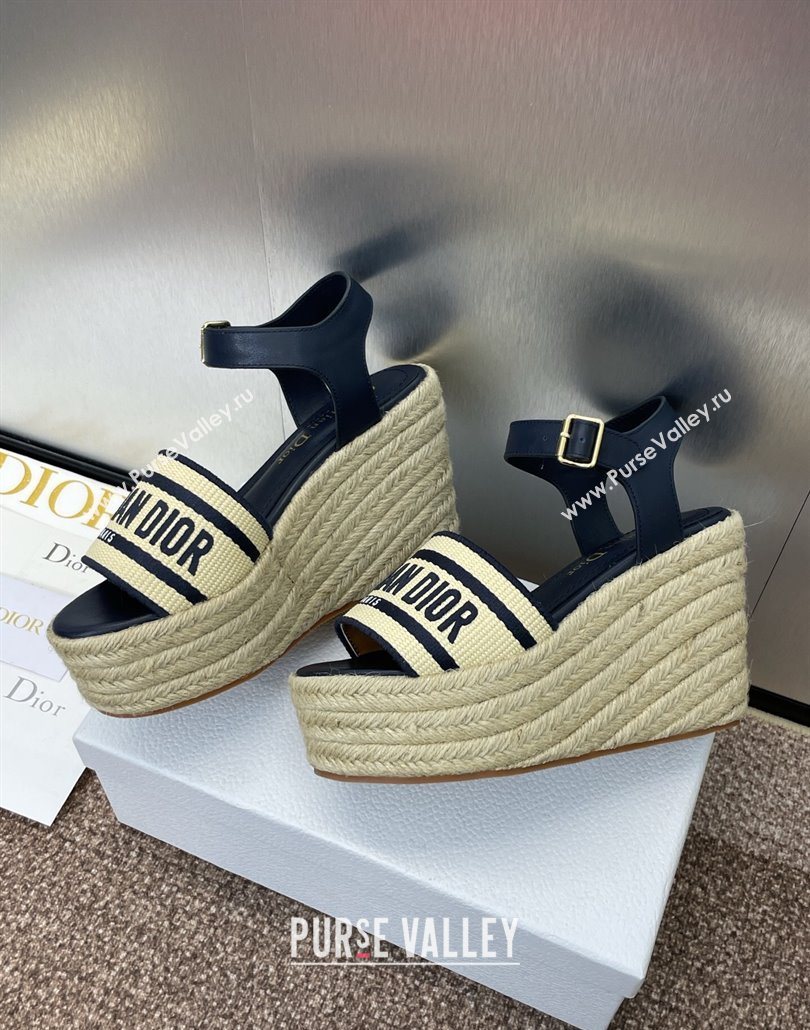 Dior Dway Wedge Sandals 10cm in Calfskin, Raffia Straw and Embroidered Cotton Beige/Blue 2025 (JC-250605022)